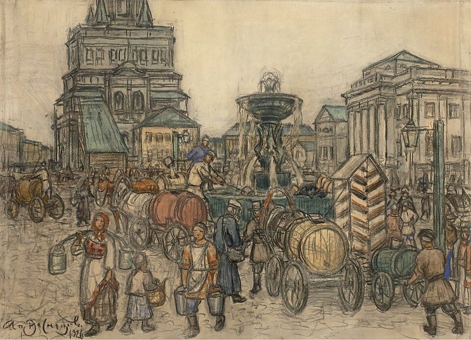 Fountain on Sukharevskaya Square by Apollinary Vasnetsov, 1926, drawn at Sukharevskaya Square, Moscow