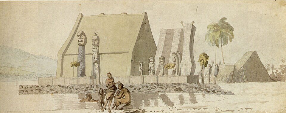 Temple on the Island of Hawaii by Louis Choris, 1816, drawn at Kailua-Kona, Hawaii