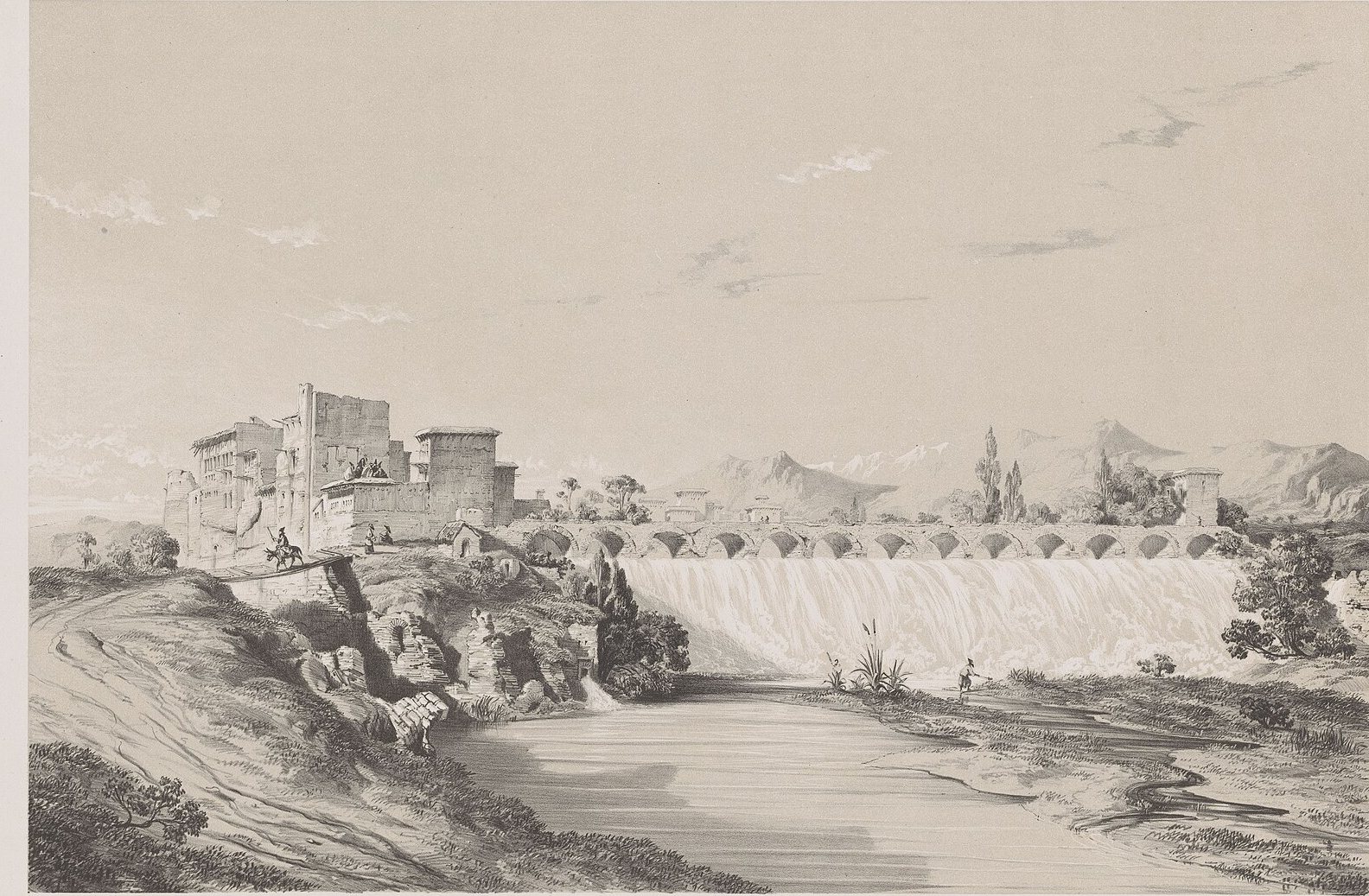 The Band-e Amir Weir by Eugène Flandin, c. 1850, drawn at The Persepolis plain, Iran