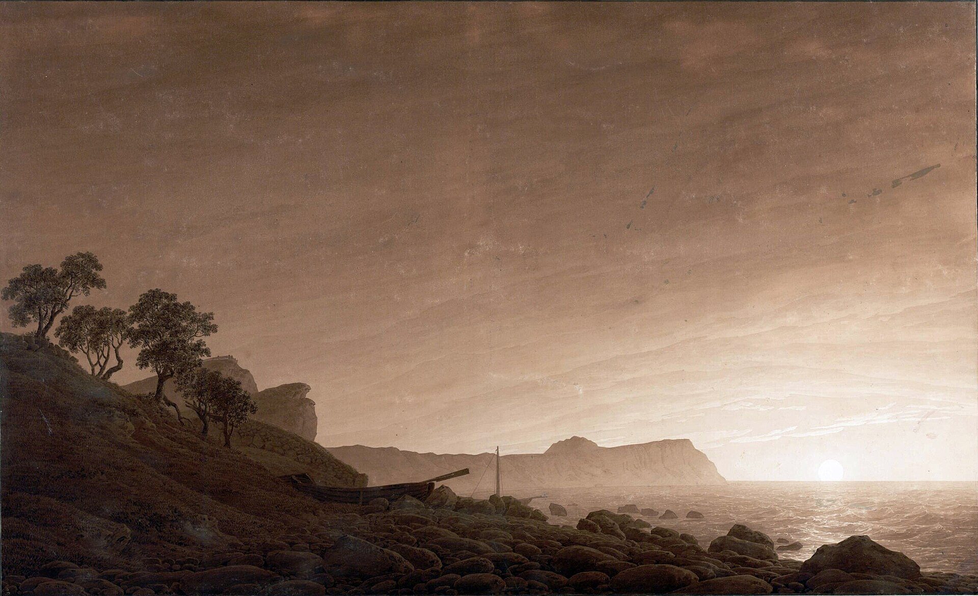 View of Arkona with Rising Moon by Caspar David Friedrich, c. 1805–1806, drawn at Cape Arkona, Rügen