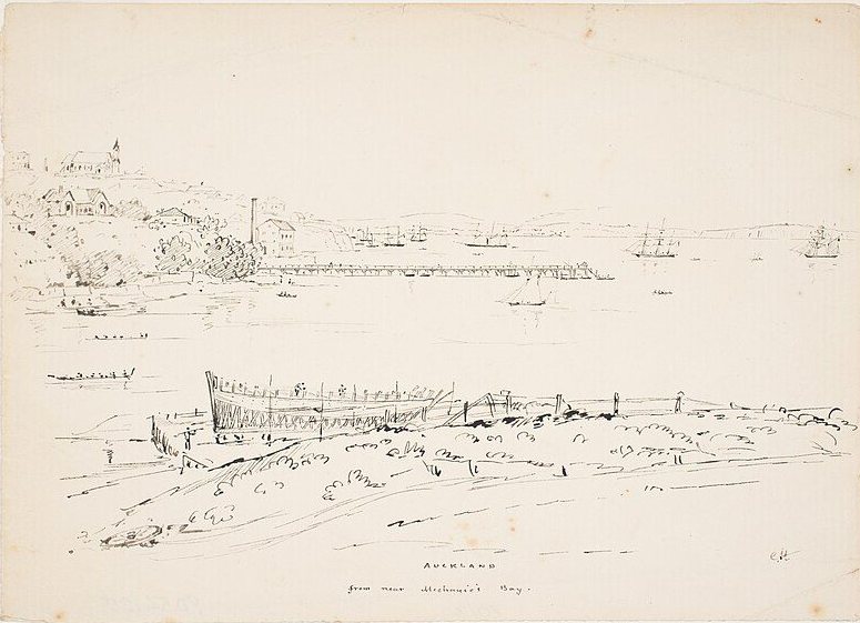 Auckland from near Mechanics Bay by Charles Heaphy, 1850s, drawn at Mechanics Bay, Auckland, New Zealand