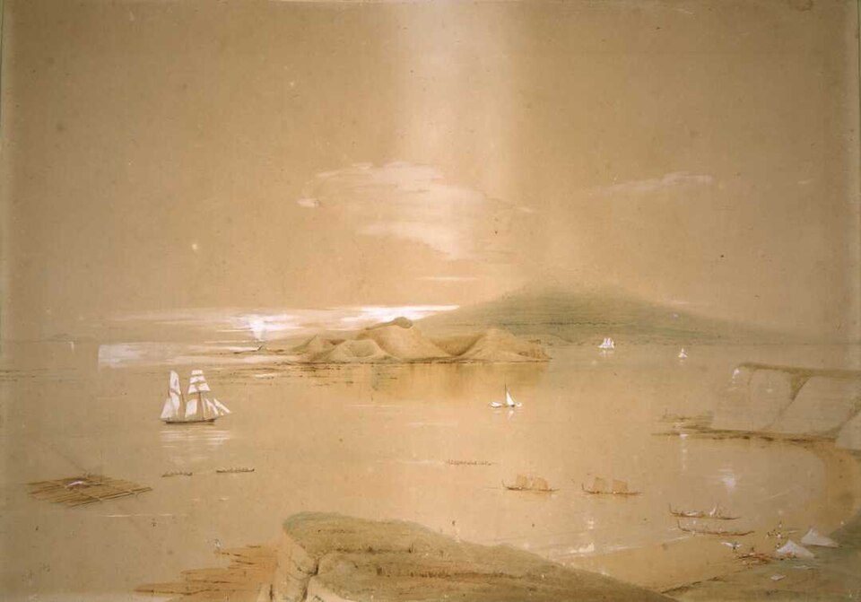 Rangitoto and Browns Island by Charles Heaphy, c. 1850, drawn at Hauraki Gulf, Auckland, New Zealand