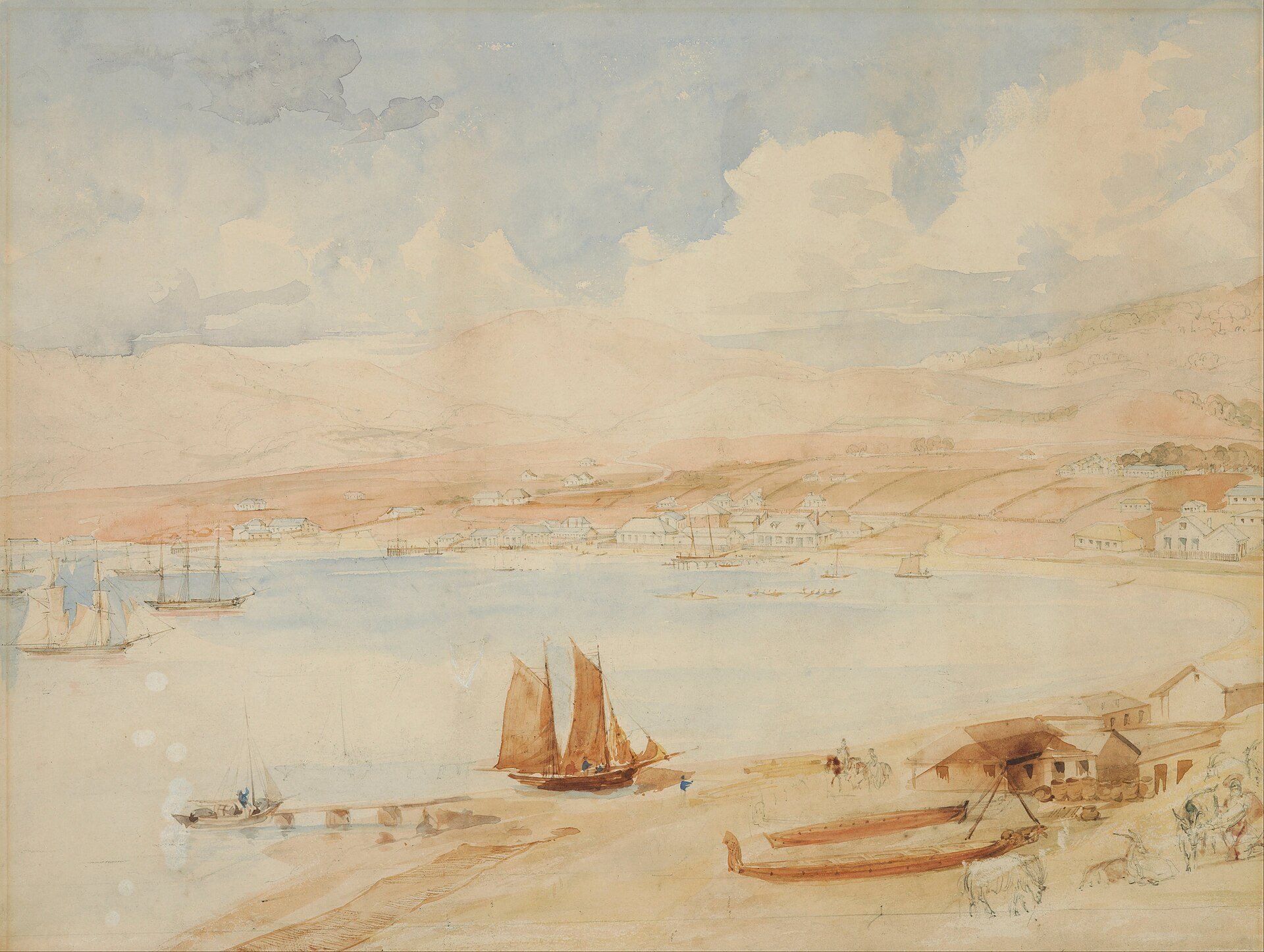 Wellington Harbour by Charles Heaphy, 1841, drawn at Wellington, New Zealand