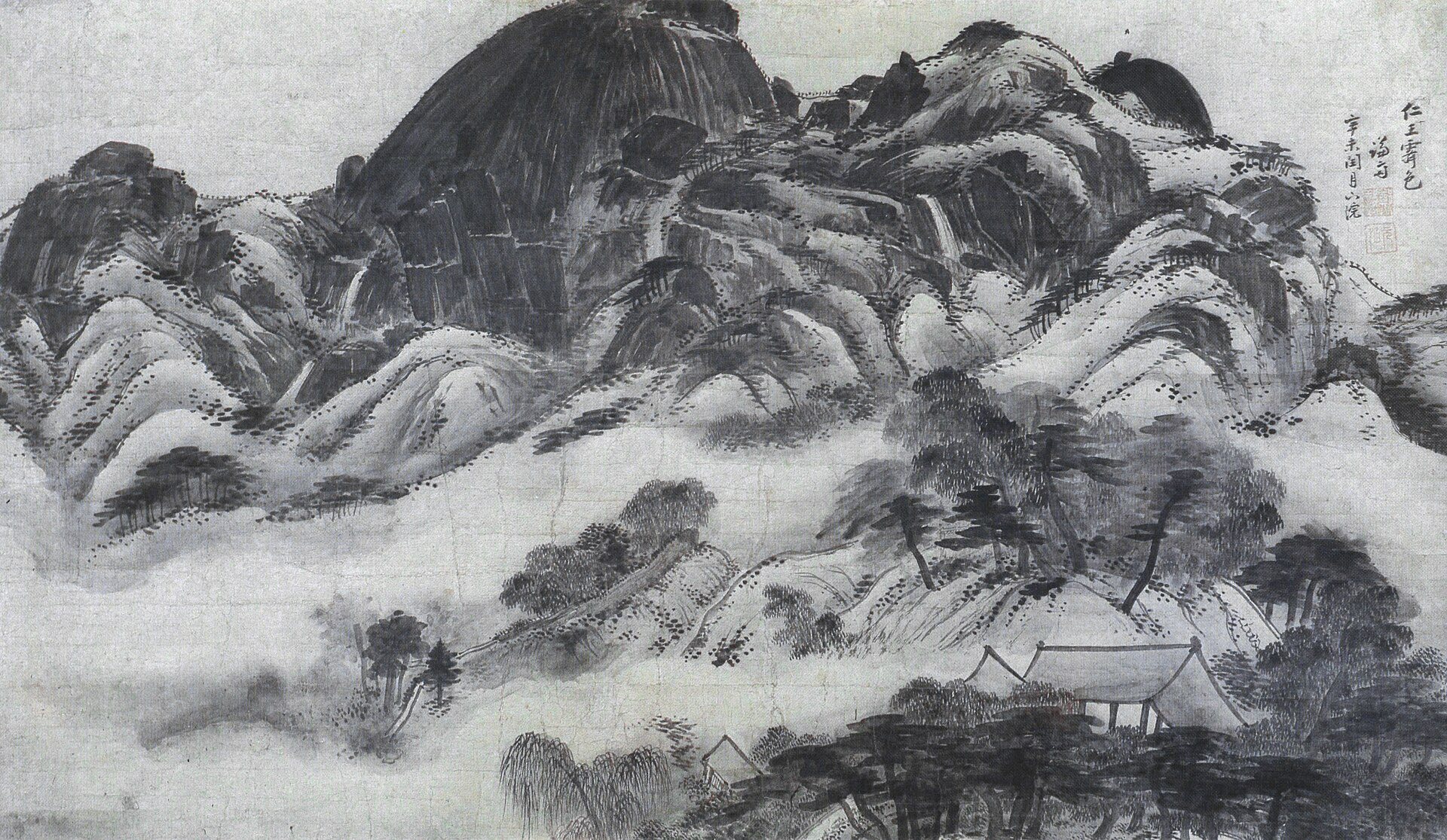 Clearing After Rain at Mount Inwang by Jeong Seon, 1751, drawn at Mount Inwang, Seoul, Korea