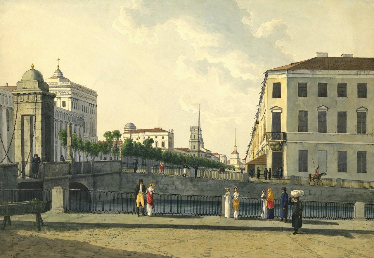 Nevsky Prospekt from the Fontanka by Andrey Martynov, c. 1809, drawn at Anichkov Bridge, St Petersburg