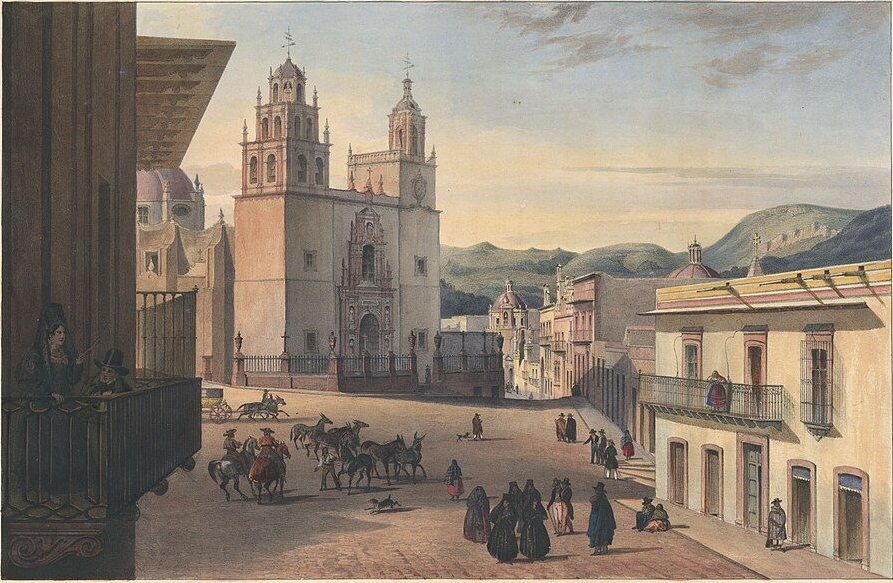 Hlavní náměstí v Guanajuatu: Carl Nebel, 1836, nakresleno: Guanajuato, Mexiko