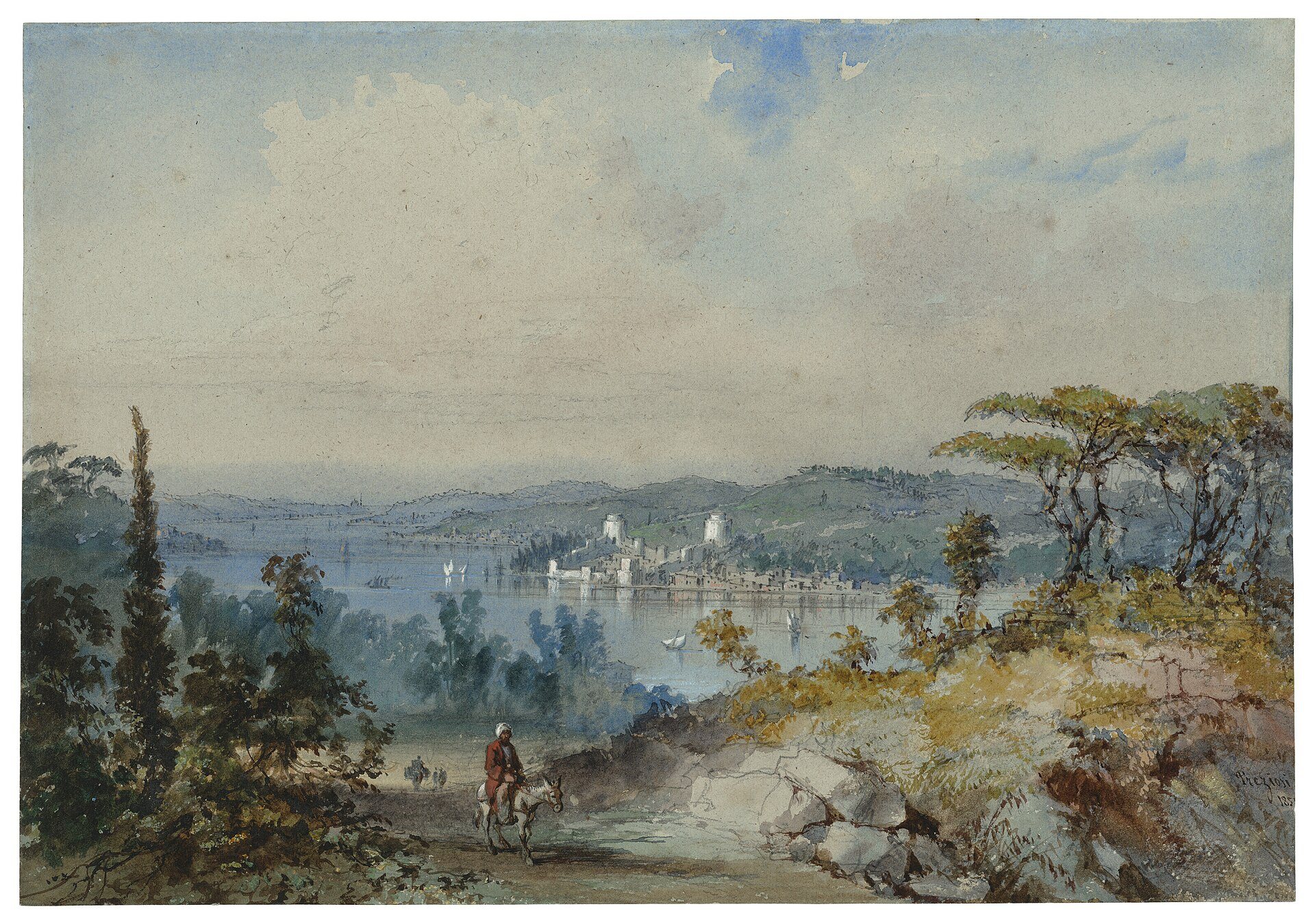 A View over the Bosphorus by Amadeo Preziosi, 19th century, drawn at The Bosphorus, Istanbul, Turkey