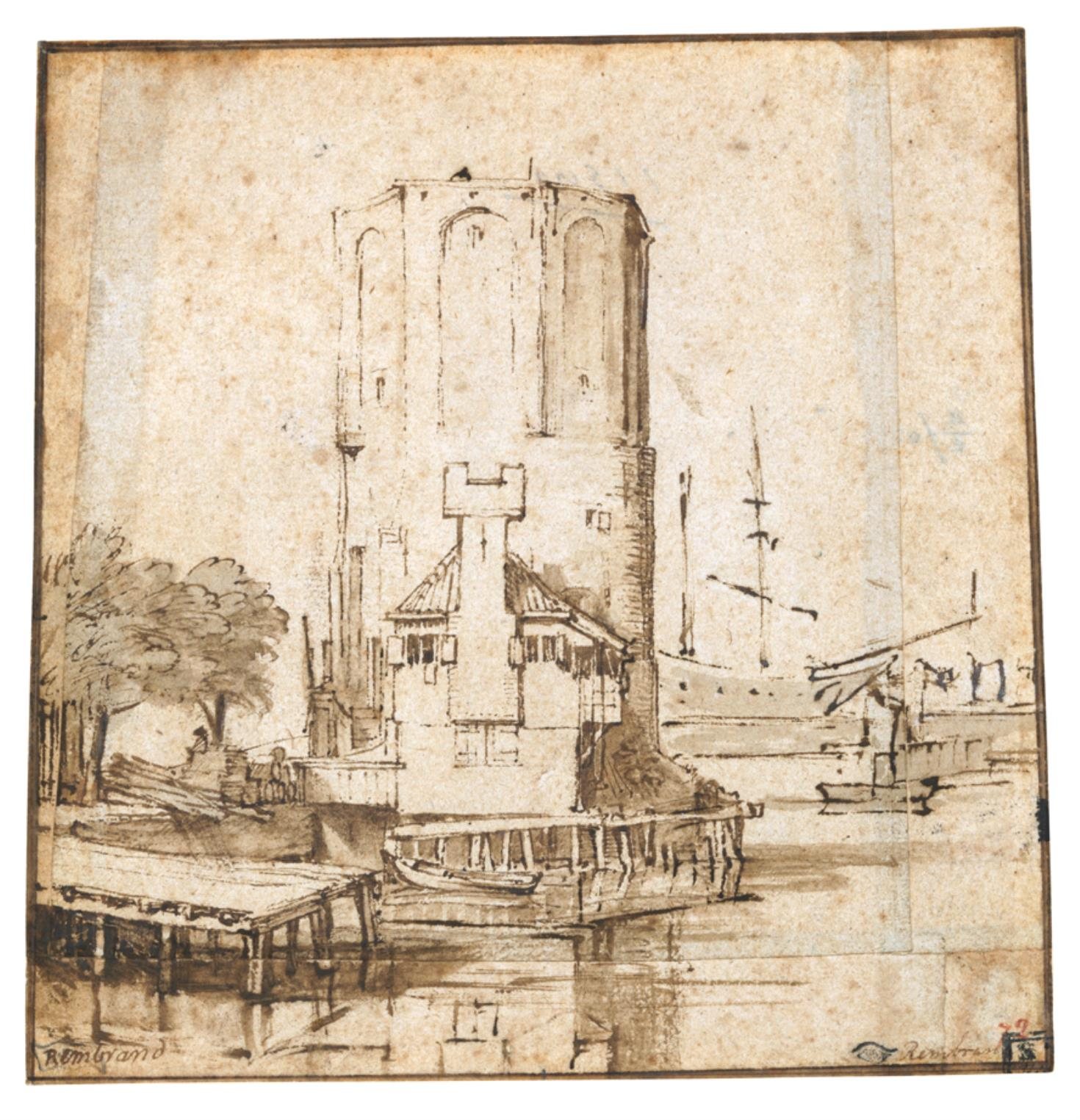 The Montelbaanstoren by Rembrandt van Rijn, c. 1640, drawn at Montelbaanstoren, Amsterdam