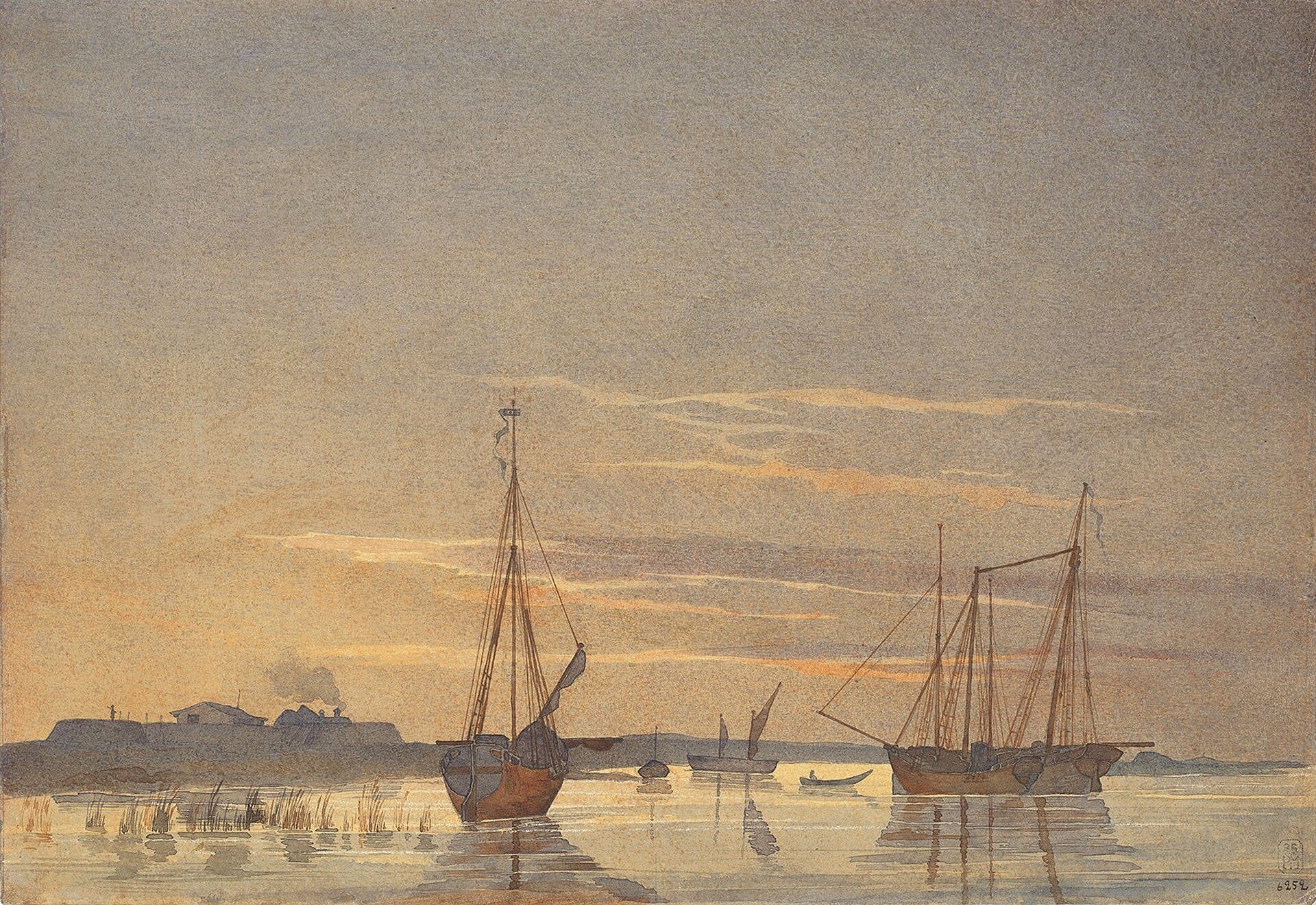 Schooners near Fort Kosaral at Sunset by Taras Shevchenko, October 1848, drawn at Kosaral Island, Aral Sea, Kazakhstan
