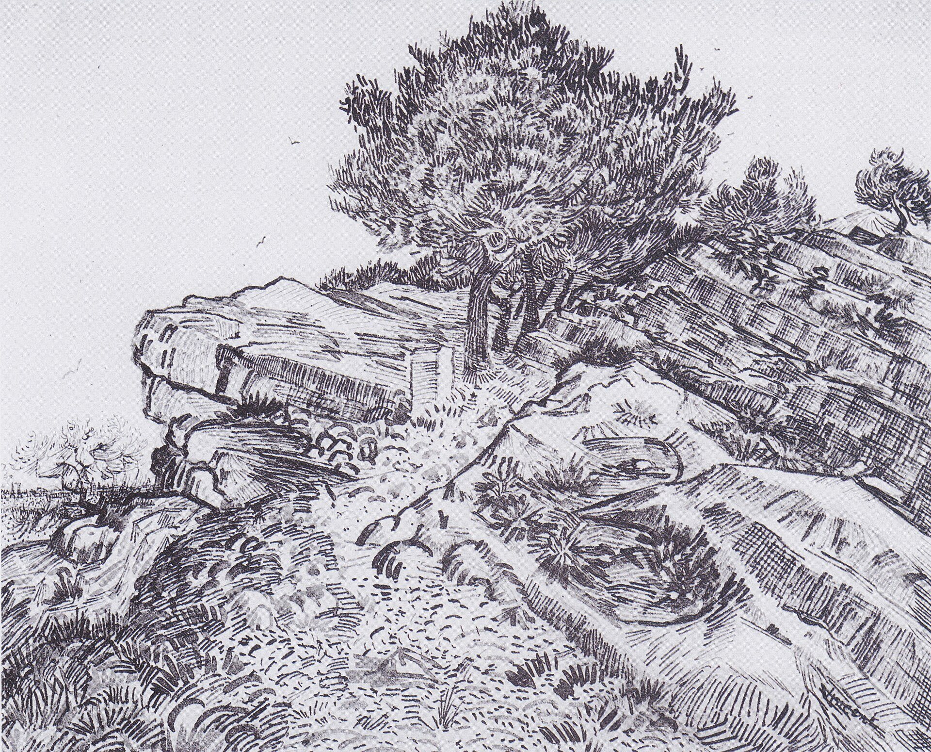 Rocks at Montmajour by Vincent van Gogh, July 1888, drawn at Montmajour Abbey, Arles