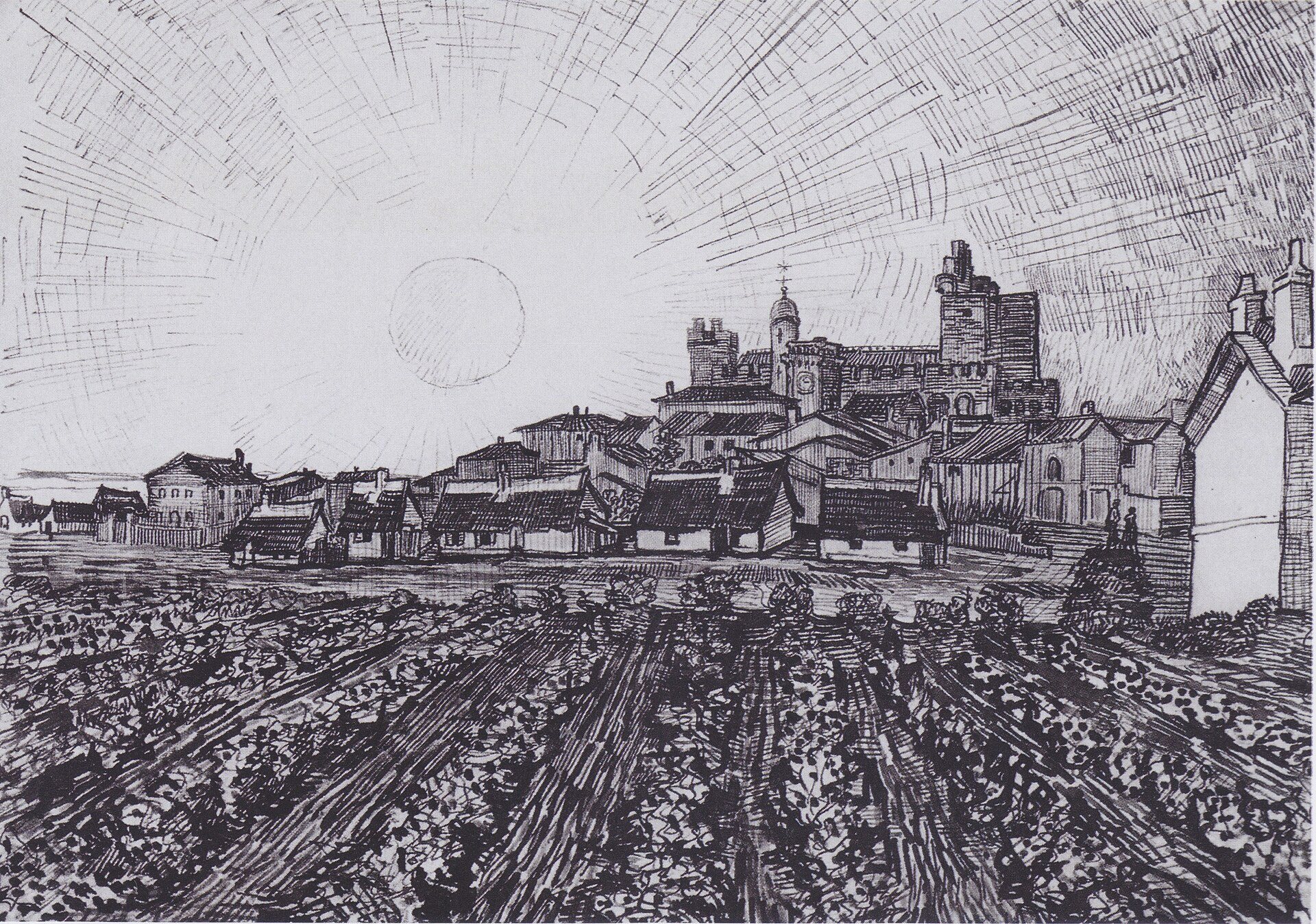 View of Saintes-Maries-de-la-Mer by Vincent van Gogh, June 1888, drawn at Saintes-Maries-de-la-Mer