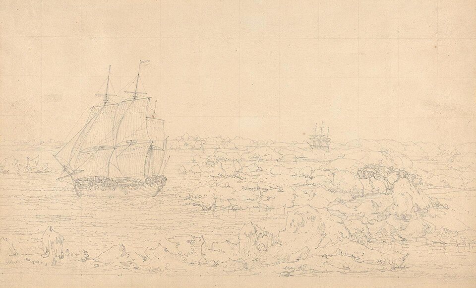 السفينة ريزولوشن تشق طريقها عبر الجليد من رسم جون ويبر, 1778، رُسم في بحر تشوكتشي، القطب الشمالي