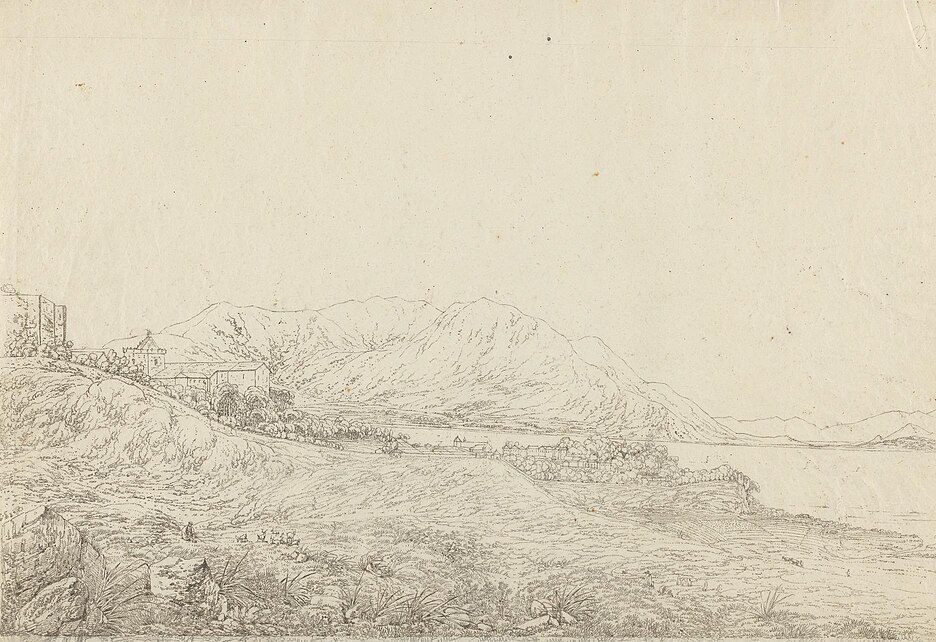 منظر في ماكاو قرب مغارة كاموينش من رسم جون ويبر, 1779، رُسم في ماكاو، الصين