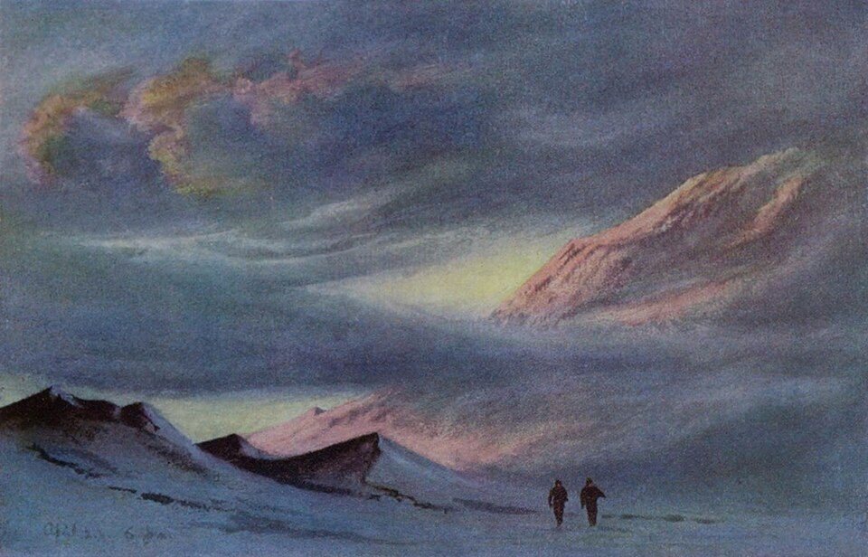 Sunset from Hut Point by Edward Wilson, 2 April 1911, drawn at Hut Point, Ross Island, Antarctica