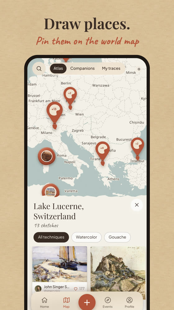 SketchMap Atlas app showing a map of sketches